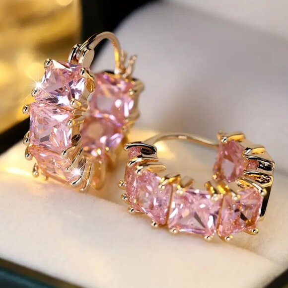 Gold Tone Huggie Earrings with Pink Princess Cut Stones and Tons of Bling #1492 - Picture 2 of 4